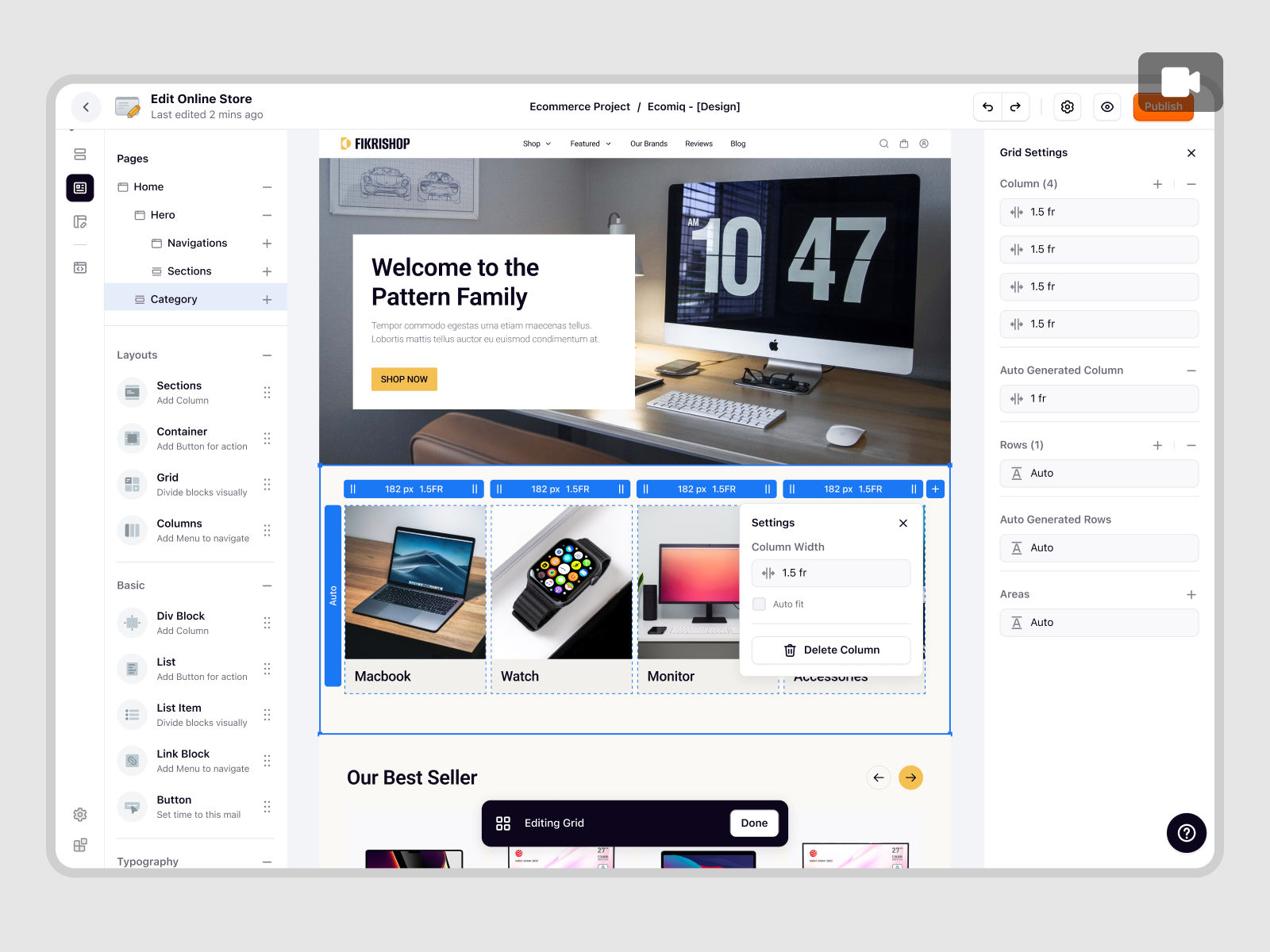 Ecomiq – Web Builder Features in SaaS E-commerce animation crm e commerce platform ecommerce online store order management product design saas saas design site builder ui ux visual editor web design web store webbuilder website builder