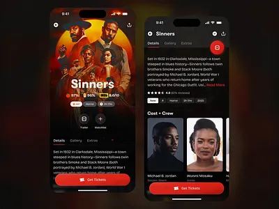Movie Tickets App | Sinners app dark design film horror imax interaction jitter marea.red mareared mobile movie red seating seats sinners theaters tickets ui ux