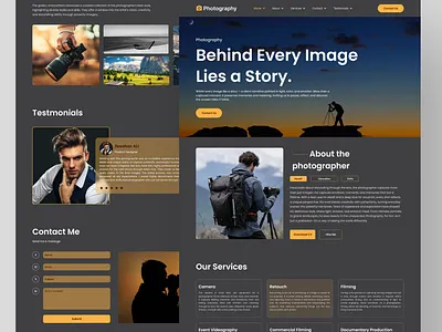 Photography Portfolio Landing Page UI Design cleandesign creativewebdesign darkui figmadesign gallerywebsite landingpagedesign minimalwebdesign modernwebdesign photographerportfolio photographylandingpage photographyportfolio photographyservices photographywebsite portfolioshowcase portfoliowebdesign responsivedesign uiuxdesign uxuidesign visualstorytelling webuidesign