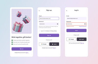 Gift Wishlist App - Sign Up & Login Flow 3d 3ddesign accessibility blender3d cleanui figma giftapp login mobileui onboarding signup ui uidesign uiux wishlist