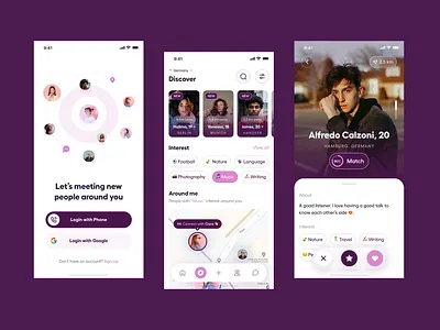 Discover & Mingle Nearby app design community app dating app design discovery app flat design illustration interest matching matchmaking app mobile app onboarding screen profile screen relationship app responsive design social app ui ui design user experience user interface ux design