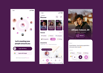 Discover & Mingle Nearby app design community app dating app design discovery app flat design illustration interest matching matchmaking app mobile app onboarding screen profile screen relationship app responsive design social app ui ui design user experience user interface ux design