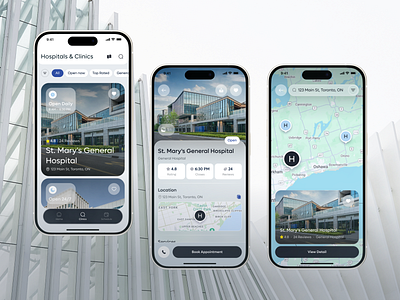 · Hospital & Clinic Search - Mobile App Design frosted glass glassmorphism ios