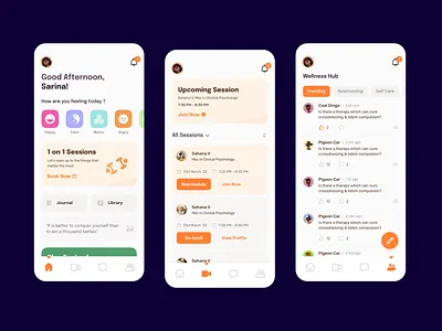 Your Personal Wellness & Therapy Companion app design community forum health and wellness illustration journaling app mental health app mindfulness app mobile app mobile design onboarding screen psychological support responsive design self care app session booking therapy app ui design user experience user interface ux design wellness app