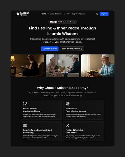 Landing Page Website UI Redesign - Sakeena Academy app branding design figma graphic design health illustration landing page logo mental psychology ui ux website