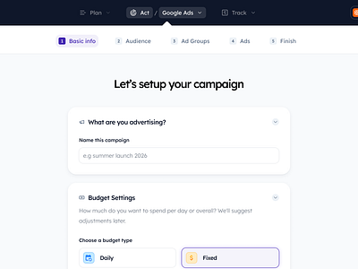 Campaign creation screen budget campaign clean creation design form ux design web