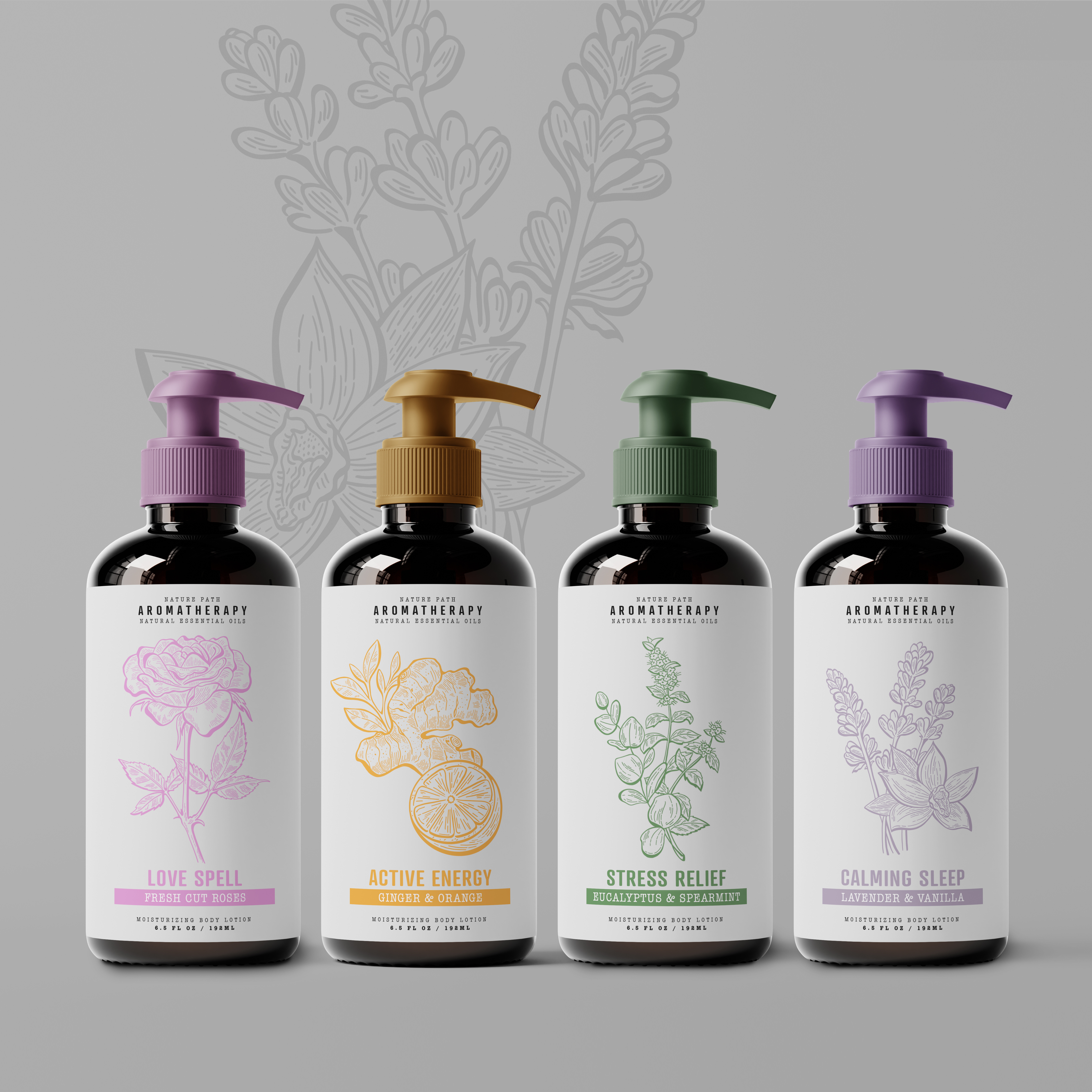 Aromatherapy lotion labels aromatherapy beauty botanical botanical illustration bottle cosmetic cosmetic packaging creative illustration label design labels lotion minimal packaging packaging art packaging illustration product packaging pump selfcare skincare