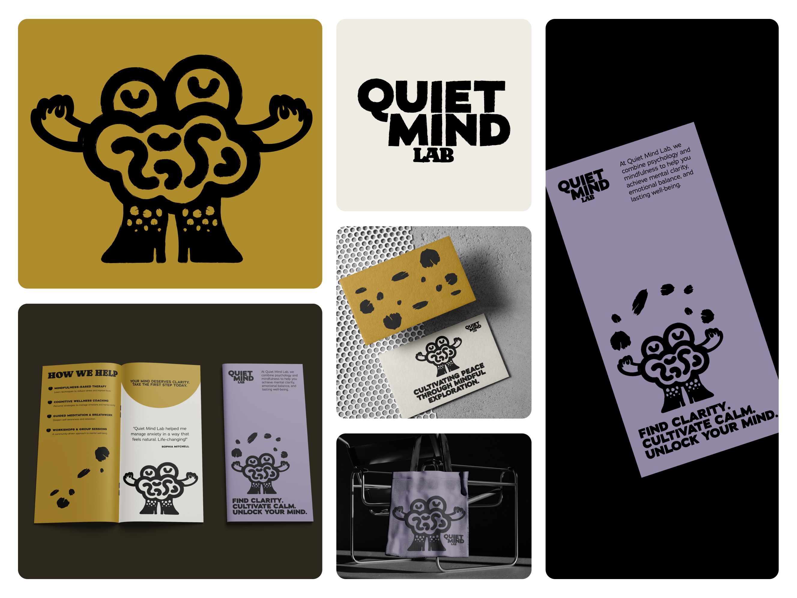 QUIET MIND LAB BRAND IDENTITY brand identity brand identity design branding custom branding custom illustrations design flyer graphic design health illustration logo logo design mascot mascot logo mental mental health mindfulness psychology tote bag wellness