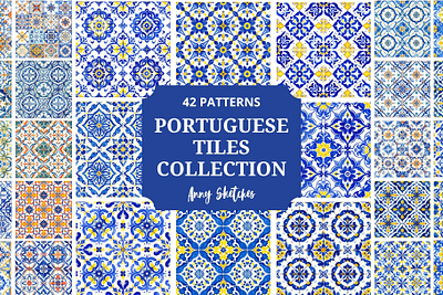 42 Portuguese Tiles Azulejos Pattern Collection azulejos blue blue and white ceramic tile pattern digital papers european mediterranean pattern portuguese portuguese tiles printable scrapbook seamless pattern spanish tile clipart tile pattern tiles vintage vintage tiles yellow
