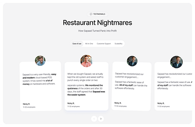Testimonials UI – Restaurant SaaS Web App app branding cooking design dailyui dashboard design kitchen design landing page marketing restaurant saas testimonials testimonials section ui uiux ux ux design we design web design website design