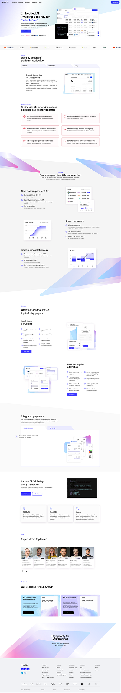 Monite Website Design design figma fintech framer landing page minimalistic startup ui ux ux design ux research web design website