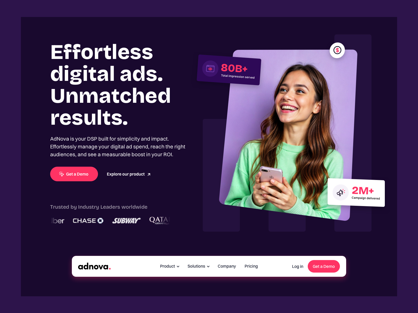 AI App - Adnova ai design hero hero image home page inspiration landing page marketing site navigation saas startup tech vibecoding web design website