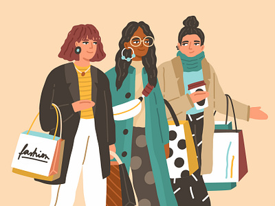 Stylish girls shopping illustration. adobe illustrator book illustration cartoon character character design fashion flat friend illustration people procreate sale shop shopping together trendy vector woman