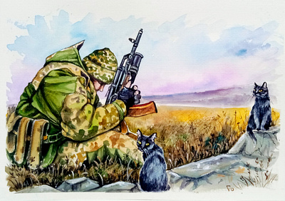 Original Watercolor Painting, Ukrainian Soldier and Cats, War art cat hand painted illustration paint painting soldier ukraine war