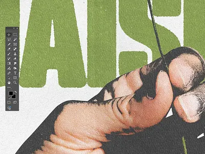 Textured Poster with Human Detail artistic shot creative process digital collage editorial layout grain texture graphic composition green lettering hand detail hand texture human element mixed media paper grain photoshop interface poster design textured poster thread element typography zoom view