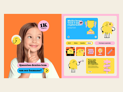 Colorful Learning Cards Interface animated characters cards interface challenge cards cheerful layout child interaction curiosity driven educational cards engaging visuals fun experience gamified education interactive blocks intuitive design kids interface learning playful design question flow quiz layout soft edges youth learning