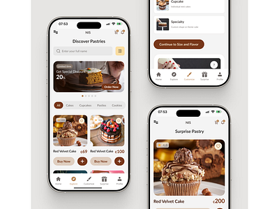 UI/UX Design of NIS Cakes and More (Mobile App Design) adobe xd app design branding cake app design design e commence website figma flyer graphic design illustration landing page logo photoshop prototype saas landing page typography ui uiux design ux vector