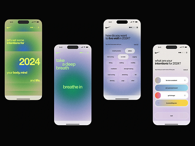 Nike Well-being App: 2024 Intentions Setting UI app app features colorful design gradient gradient coloring minimalist mobile app modern modern ui nike nike app ui design user experience user interface ux design uxui