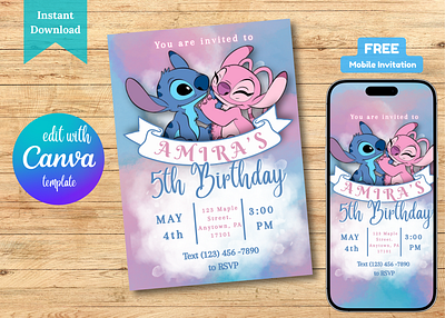 STITCH AND ANGEL BIRTHDAY INVITE birthday birthday invitations invites stitch and angel stitch birthday invite