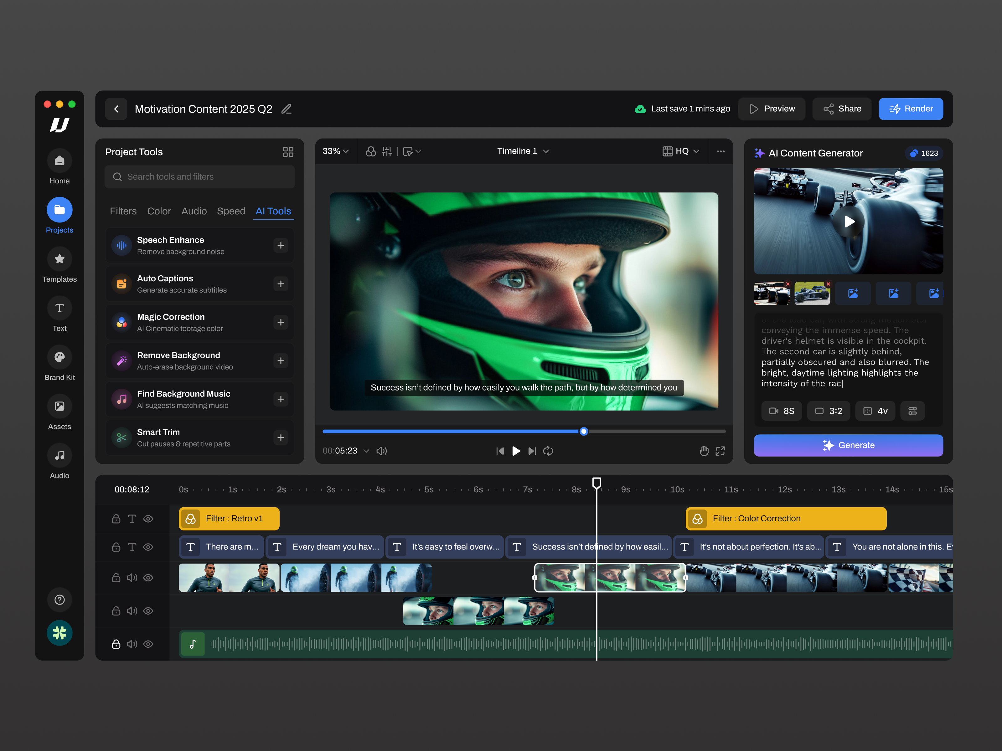 Video AI Tool Dashboard ai ai powered tools ai video editing website artificial intelligence cansaas darkmode dashboard design editing interface product design saas tools ui ux video video editor