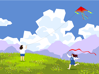 Good Ol' Days 2d illustration beautiful day childhood children playing cloudy digital art digital illustration flat illustration flying a kite good days graphic design graphic illustration illustration inkscape nostalgia running spring vector vector art vector illustration
