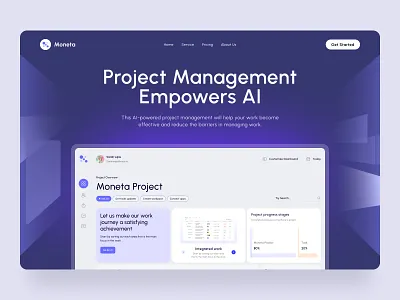 Moneta - Project Management Landing Page ai ai design branding clean dashboard design dribbble shot interface design landing page management productivity project projectmanagement purple saas supitar ui ux webapp website