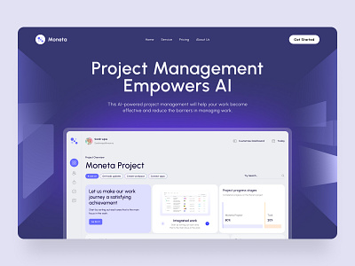 Moneta - Project Management Landing Page ai ai design branding clean dashboard design dribbble shot interface design landing page management productivity project projectmanagement purple saas supitar ui ux webapp website