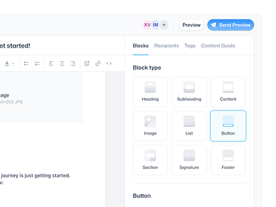Email Builder Blocks blocks blocks type button campaign dashboard drag and drop email email builder email personalization email templates mail morva morvalabs personalization product design saas saas dashboard ui