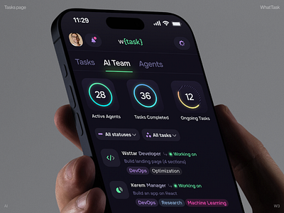WhatTask: AI Team Agents Management ai app design ai assistant ai dashboard ai fintech ai platform ai startup ai technology artificial intelligence automation crypto app dashboard ui etherium finance graphic design mobile app platform product design saas dashboard token web3 design
