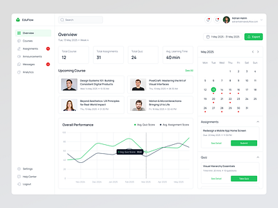 EduFlow – LMS UI Dashboard admin dashboard admin panel clean design course dashboard dashboard ui design desktop education education platfrom growth chart inetraction design overview design tracking dashboard ui uidesign uiux ux uxdesign web design