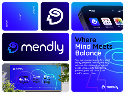 Mendly Branding ai app blue branding calm gradient health human icon lines logo mental saas software spiral tech ui web wellness