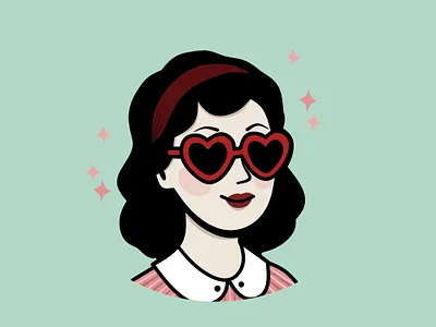 Retro Heart Shaped Glasses adorable aesthetic comic cute decoration heart shaped glasses illustration mint pastel colors pin up portrait poster preppy retro summer sunglasses vector illustration vintage whimsical woman