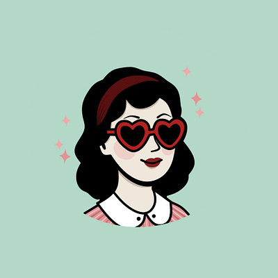 Retro Heart Shaped Glasses adorable aesthetic comic cute decoration heart shaped glasses illustration mint pastel colors pin up portrait poster preppy retro summer sunglasses vector illustration vintage whimsical woman