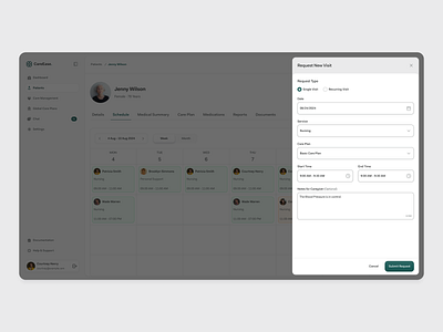 Request a New Care Visit – Simplified & Seamless Scheduling appointments calendar overview care plan caregiver notes caregiver schedule view clarity and flexibility clean ui consistent illustration intuitive ui managing home visits new care visit new visit popup patient and caregiver patients or admins schedule caregiver seamless scheduling simplified uiux web app design