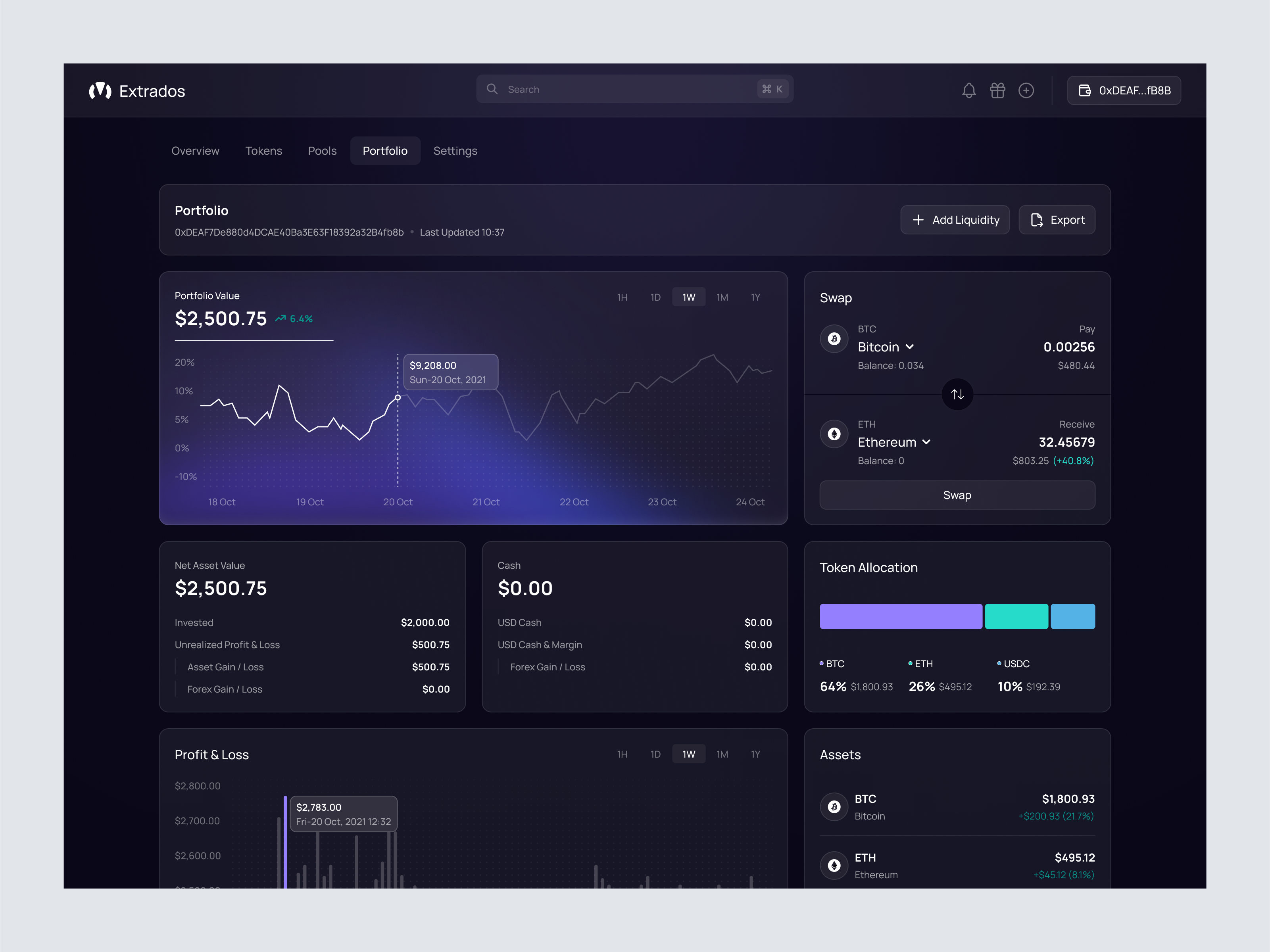 Extrados - Cryptocurrency Portfolio Screen analytics assets b2b chart clean components crypto cryptocurrency dark mode dashboard dipa inhouse investment modern portfolio product design saas startup statistics wealth web app