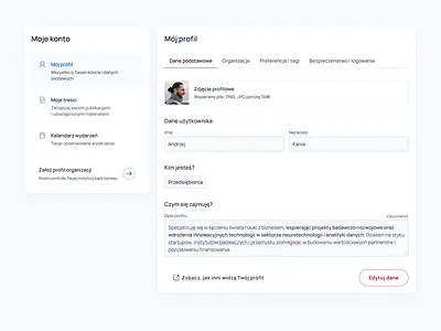 User Profile UX – Science & Business Collaboration Platform collaborationplatform dashboarddesign designsystem edtech interfaceinspiration platformdesign productdesign profilepage responsiveui saasplatform uiux userexperience userprofile usersettings uxdesign uxprocess webapp