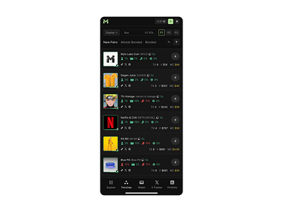 Meme Coin Trading Mobile Interface - DEX Trenches View ai crypto dex fun meme memecoins mobile pump pumpfun pumpswap trading trenches ui ux web3