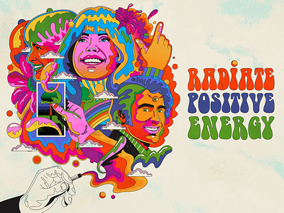 Radiate Positive Energy color colorful design energy illustration pop pop art positive psychedelic retro sixties surrealism trippy typography vector vintage