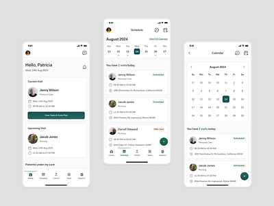 Smarter Schedules. Smoother Care - App Design | CareEase app design branding built for caregivers caregiverapp caregivers check visit counts client status current upcoming visits design patient first tools healthcareui illustration interactive calendar view quick navigation smarter schedules smooth and fast smoother care streamline care supported right at login tasks uxdesign