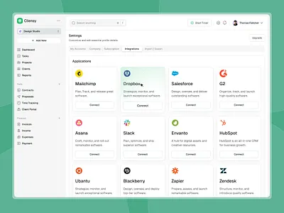 Cliensy - Integration Dashboard UI Design business client management dashboard integration project project management ui ux