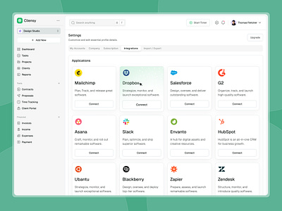 Cliensy - Integration Dashboard UI Design business client management dashboard integration project project management ui ux