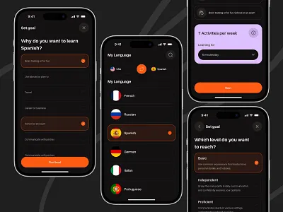 Settings Page| Language Learning app educational elearning language app ui language learning learning language learning language app learning platform mobile mobile app mobile app design mobile design online education design online learning select language settings page