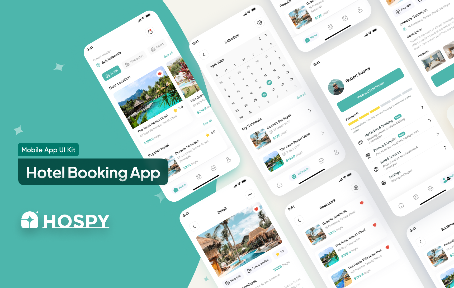Hospy App - Hotel Booking UI Kit android apartement calendar detail figma homepage hotel hotel booking hotel rent ios mobile mobile design presentation profile uikit uiux