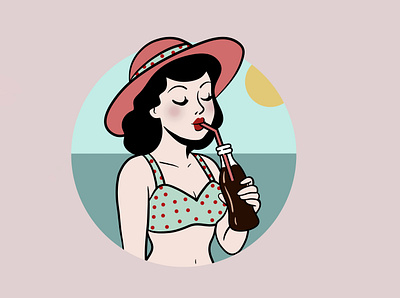 Vintage Woman Drinking Soda beach comic decoration drink graphic design illustration pastel colors pin up poster print retro round sea soda stickers summer summertime sun vintage woman