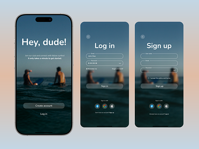 Sign up page for a surfing community app app branding dailyui dailyui001 design form graphic design illustration log in logo mobile app screen sign in surfclub typography ui ux vector