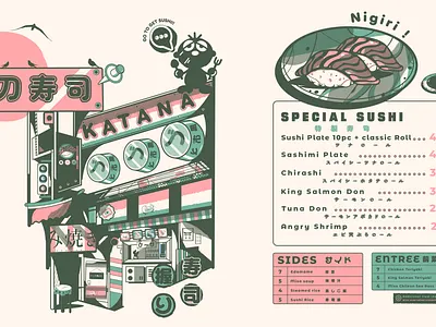 Katana Sushi menu Slides california roll character design japan food japan food menu japan store drawing japanese food japanese pop art menu design pop art restaurant menu design retro style sushi menu sushi roll vector menu design