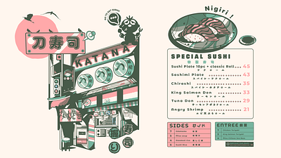 Katana Sushi menu Slides california roll character design japan food japan food menu japan store drawing japanese food japanese pop art menu design pop art restaurant menu design retro style sushi menu sushi roll vector menu design