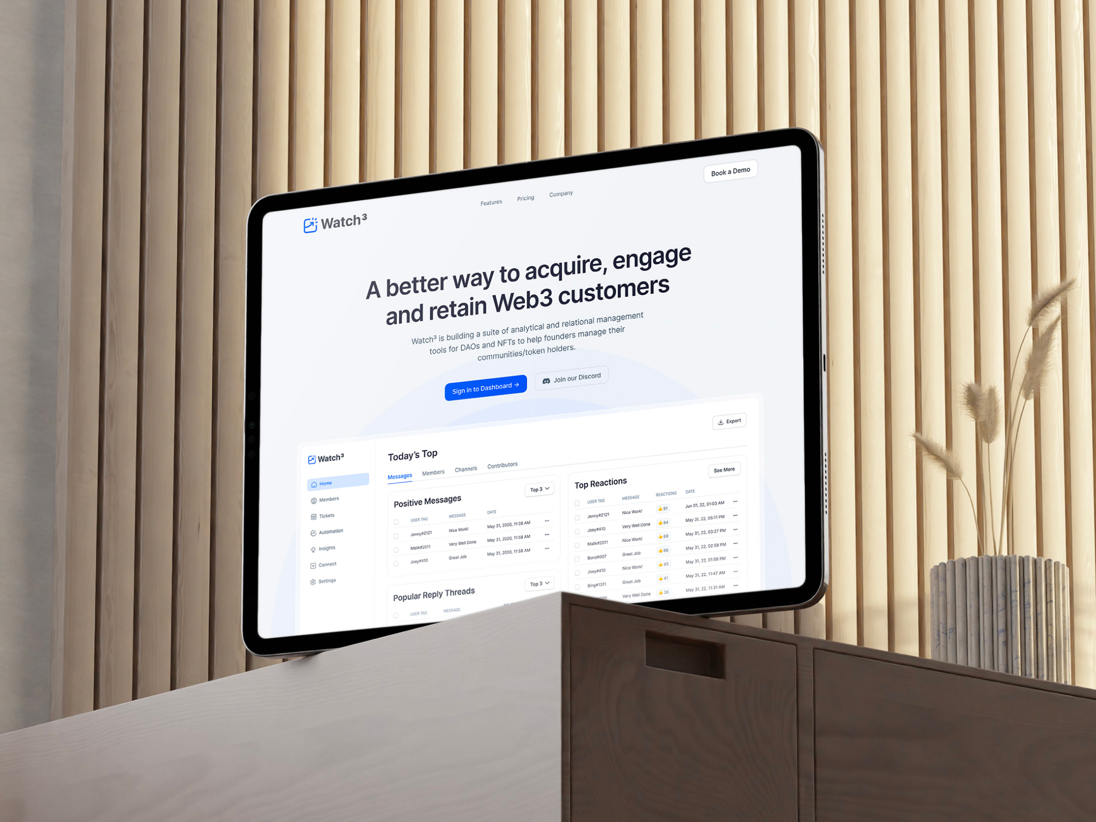 Watch3: Website Experience analytics community contact data decentralized doa engage hero hiportfolio landing metrics network nft section ui watch web web3 website