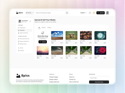 Upload & Sell Your Media admin dashboard content preview contents list design homepage landing page media upload page ui ux website