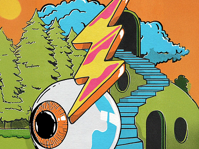 Electric Portal Eye Adventure Illustration alternate reality artistic vision comic style creative fantasy dreamscape world eyeball lightning graphic pop graphic universe illustrated poster mind exploration modern cartoon pop culture psychedelic illustration retro texture surreal art underground art visual storytelling whimsical shapes